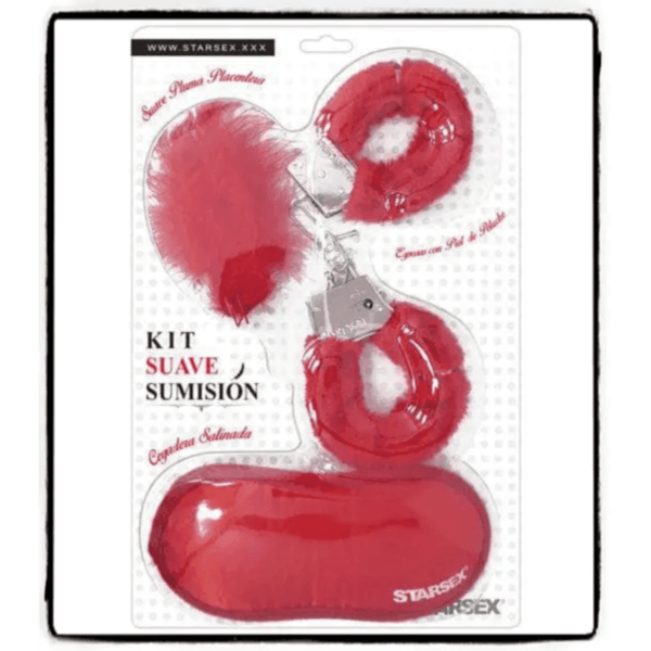 Kit Suave de Sumisión con esposas, antifaz y pluma roja