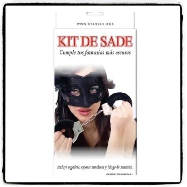 Kit BDSM negro con esposas metálicas, látigo y antifaz