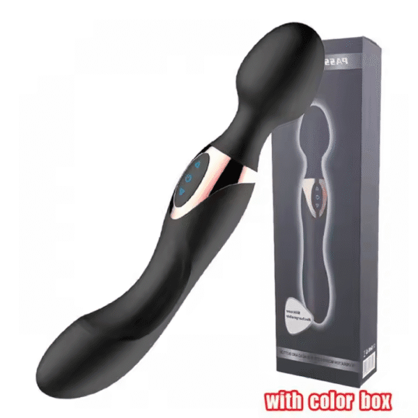 Vibrador doble cabeza color negro con diseño ergonómico y recargable por USB
