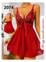 Camisón Sexy 2074 – Rojo y Negro con Detalles Brillantes