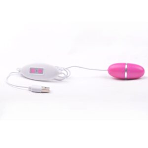 Vista completa de huevo vibrador USB rosado con mando y conector