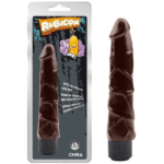Vibrador realista Rubicon CHISA color café junto a su empaque original