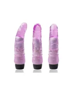 Vibrador curvo lila mostrado desde tres ángulos diferentes