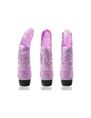 Vibrador curvo lila mostrado desde tres ángulos diferentes