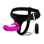 Arnés strap on BAILE con dildo vibrador fucsia y control por cable
