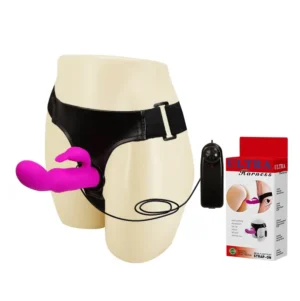 Arnés sexual BAILE ajustable con dildo vibrador fucsia y empaque